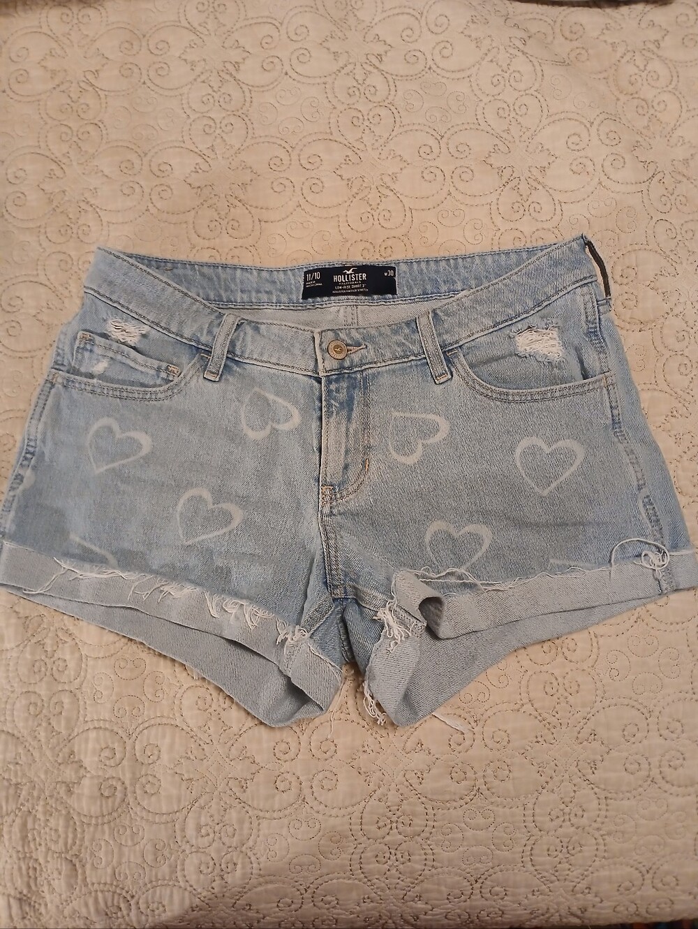 Hollister Light Wash Denim Shorts with Heart Detail - Light Blue